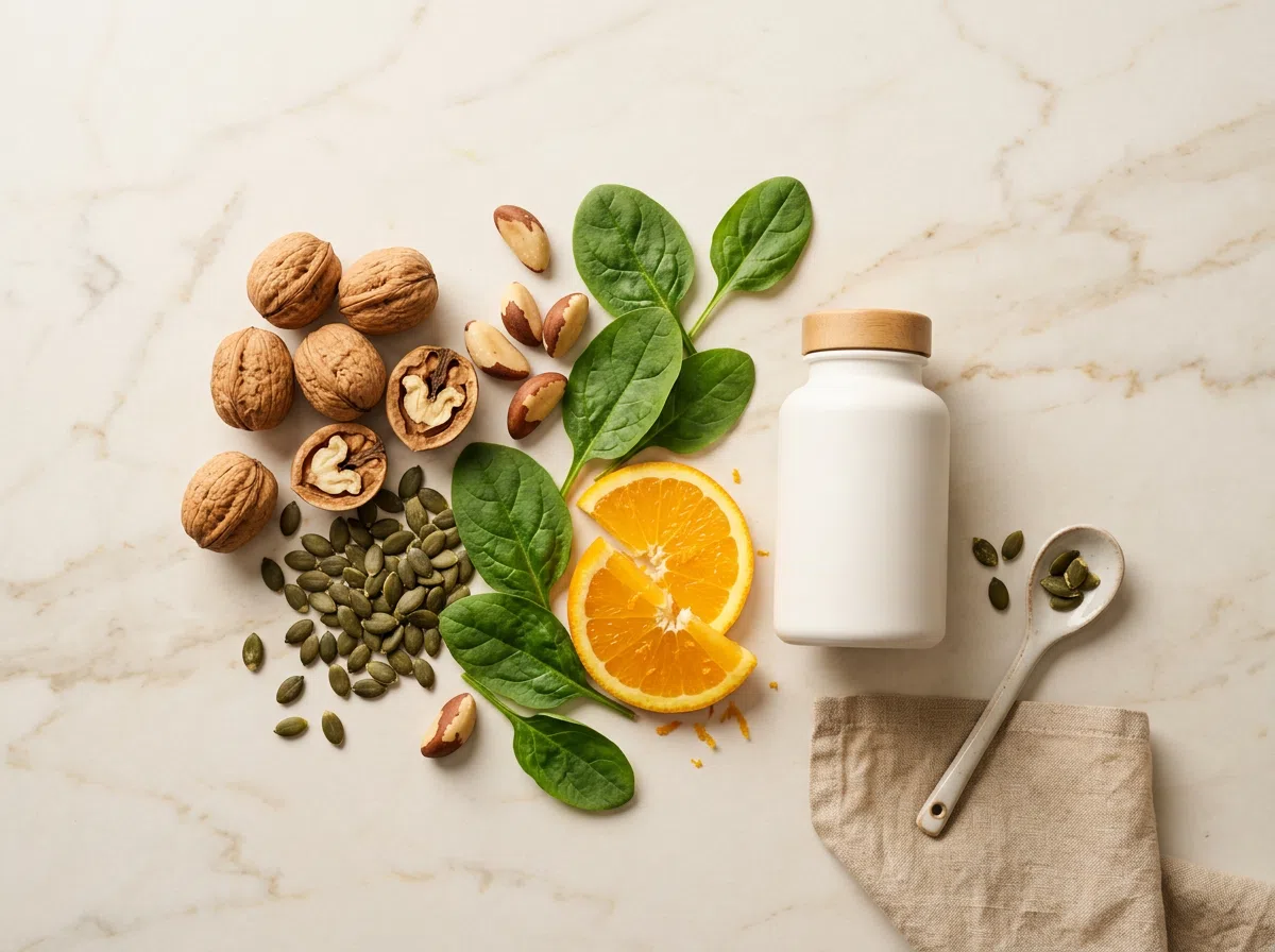 Naturliga ingredienser zink magnesium selen vitamin C för mäns välbefinnande - valnötter, pumpakärnor, spenat, paranötter, apelsiner